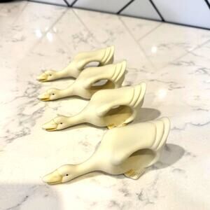 Vintage Dept 56 Bisque Porcelain Goose Duck Napkin Rings Cream x4 cottage farm